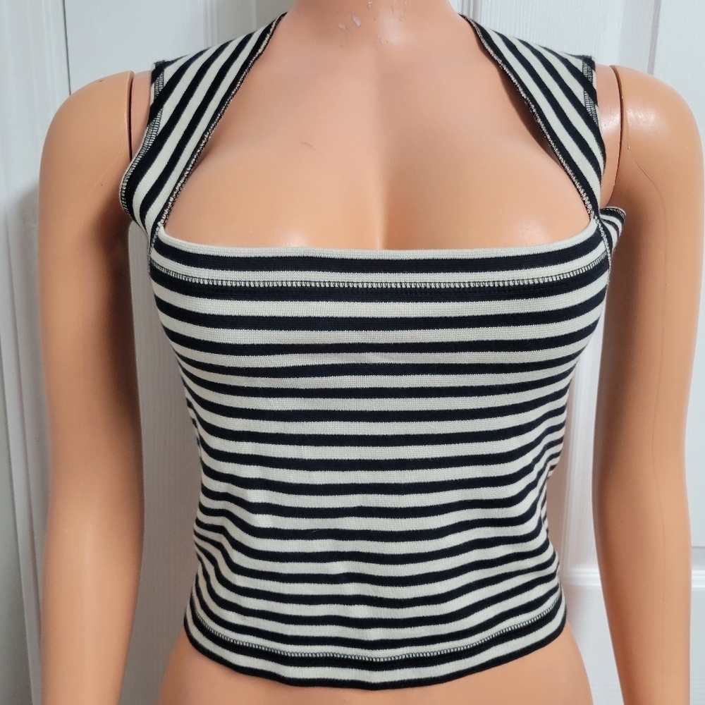 L'AGENCE Black and White Striped Crop Tank